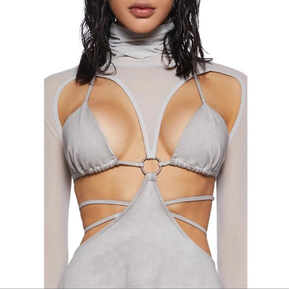 NWT Darker Wavs Off White Jersey and Mesh Cut Out Maxi Dress w. Mask Turtleneck - Picture 3 of 10